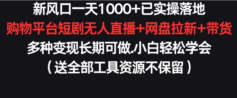 新风口一天1000+已实操落地购物平台短剧无人直播+网盘拉新+带货多种变现长期可做-可创副业网