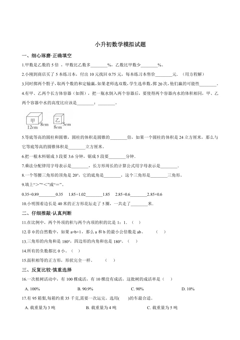 六年级数学下册小升初模拟试题（25）苏教版（含解析）-可创副业网