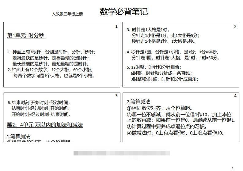 【人教三年级】数学上册必背笔记-可创副业网
