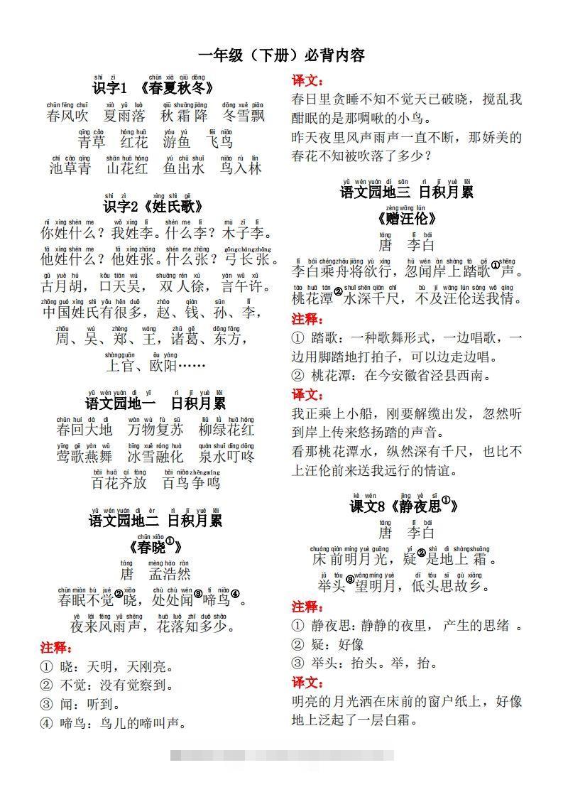 一年级（下册）背诵默写（古诗+课文+日积月累）-可创副业网