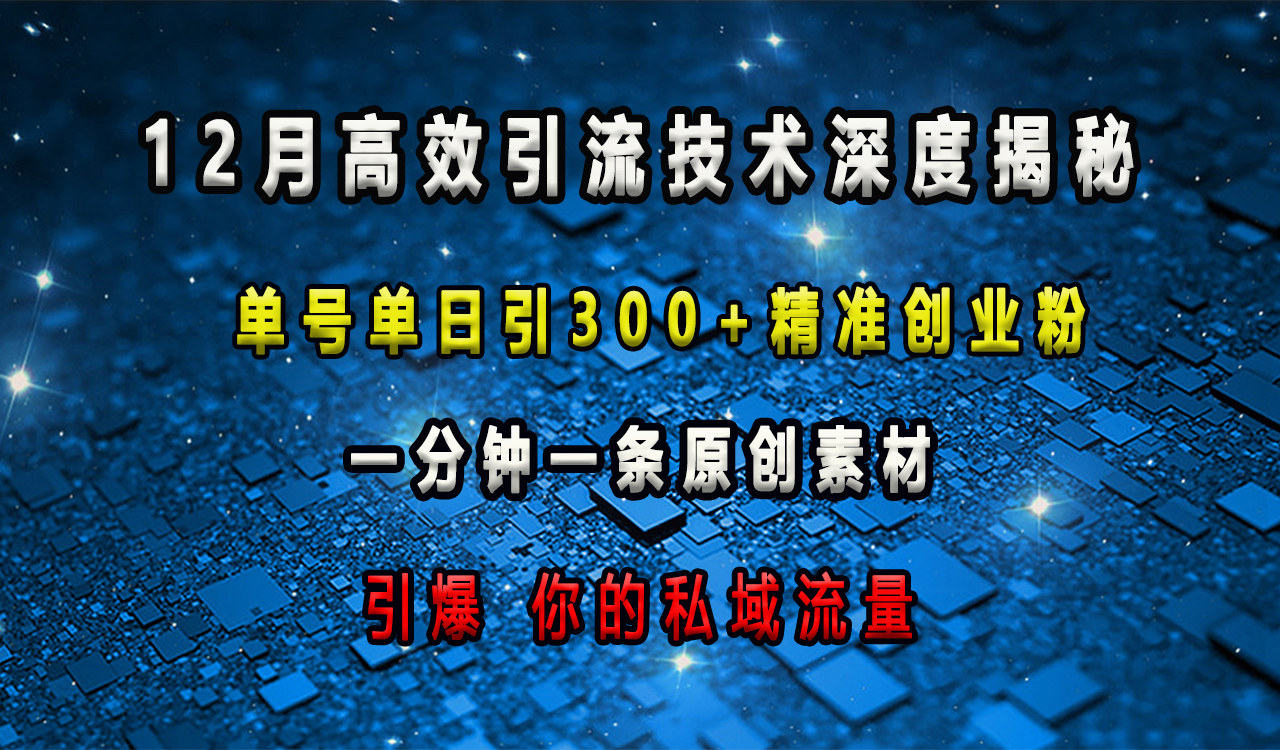 12月高效引流技术深度揭秘 ，单号单日引300+精准创业粉，一分钟一条原创素材，引爆你的私域流量-可创副业网