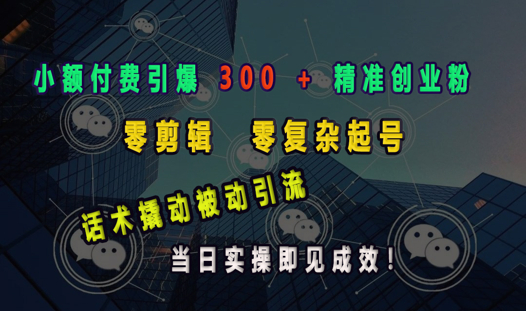 小额付费引爆 300 + 精准创业粉，零剪辑、零复杂起号，话术撬动被动引流，当日实操即见成效！-可创副业网