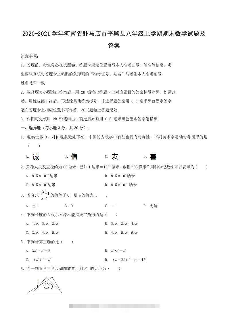 2020-2021学年河南省驻马店市平舆县八年级上学期期末数学试题及答案(Word版)-可创副业网
