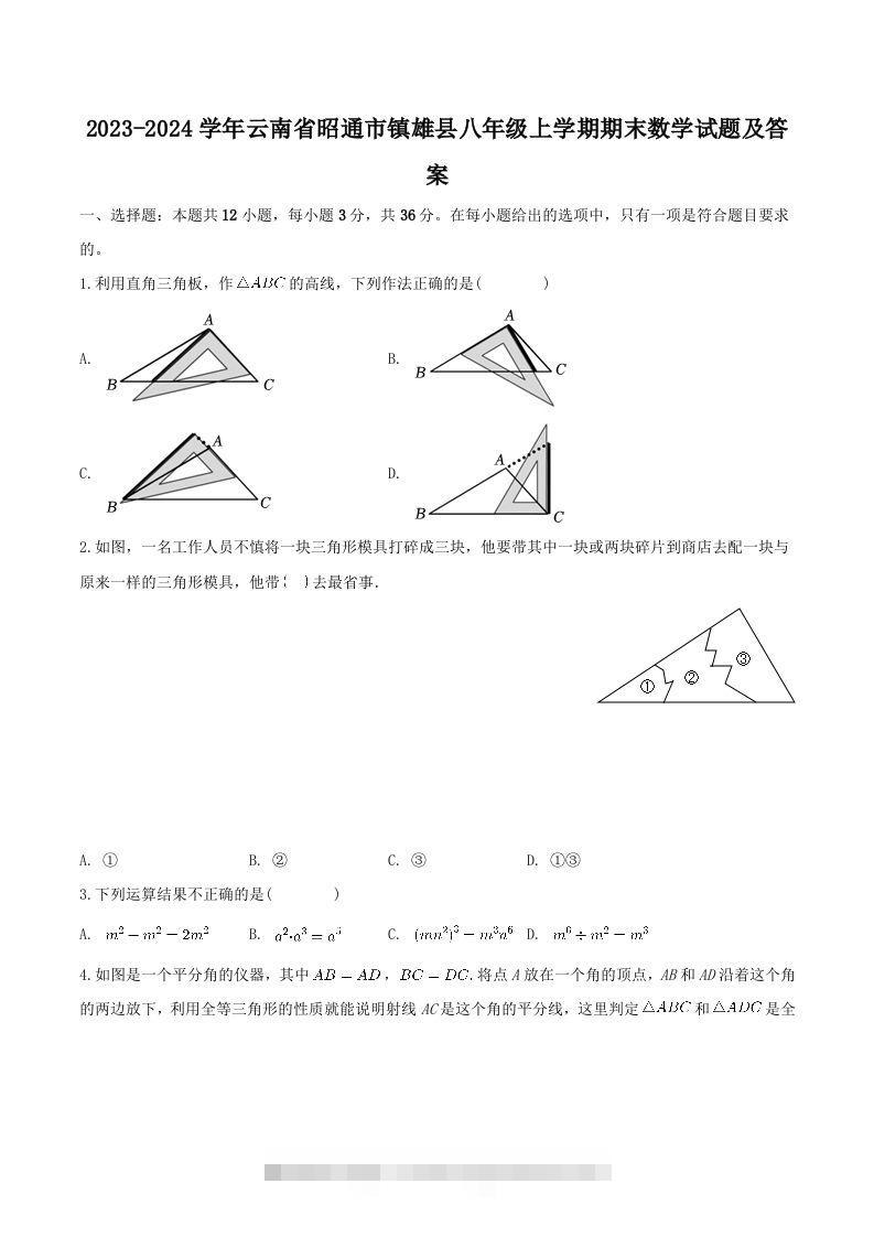 2023-2024学年云南省昭通市镇雄县八年级上学期期末数学试题及答案(Word版)-可创副业网