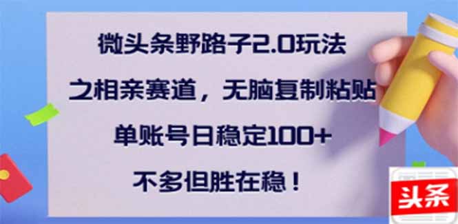 微头条野路子2.0玩法之相亲赛道，无脑搬砖复制粘贴，单账号日稳定300+…-可创副业网