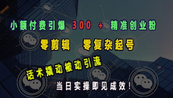 小额付费引爆 300 + 精准创业粉，零剪辑、零复杂起号，话术撬动被动引流，当日实操即见成效-可创副业网
